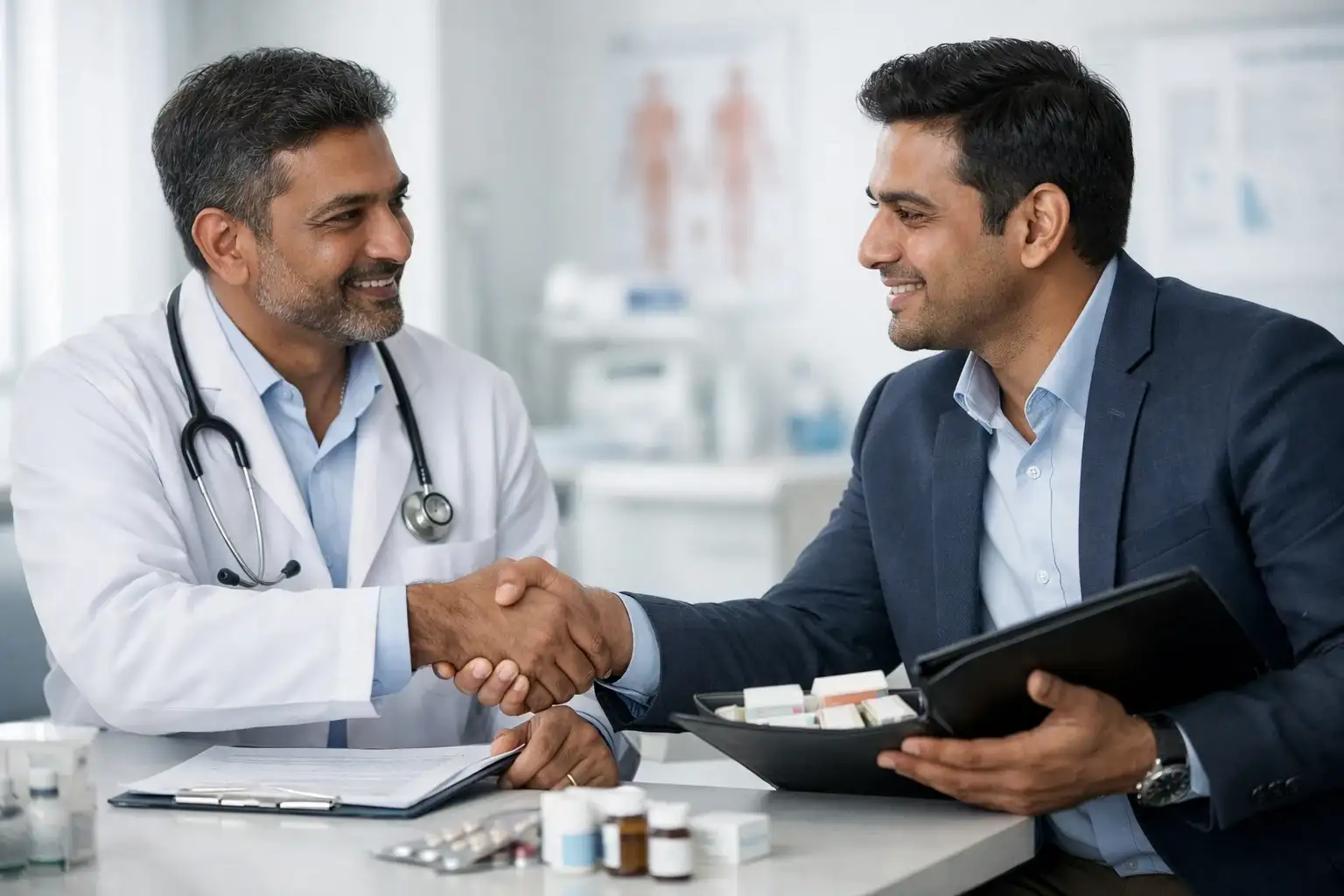 Doctor and pharmaceutical professional in a clinical discussion